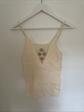 Chan Luu Cream Satin Lace-Trim Cami with Embroidered V-Inset